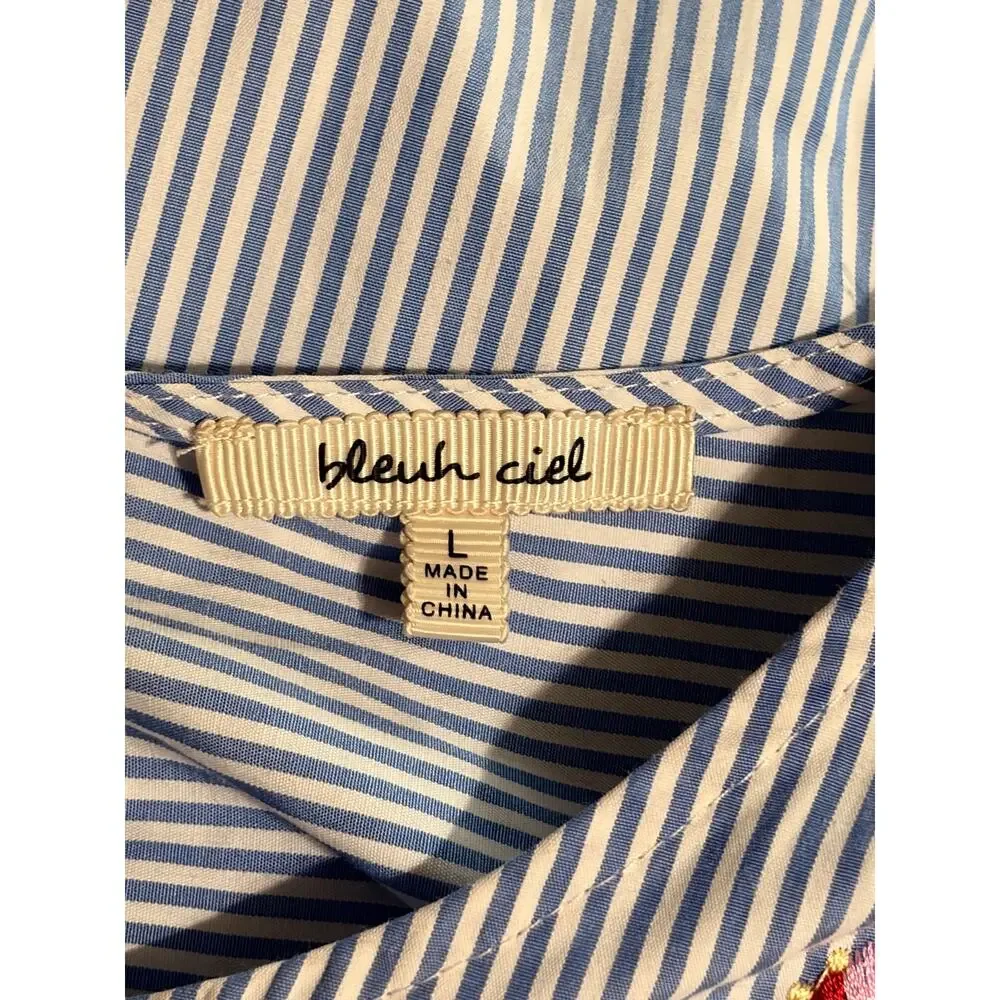 Bleuh Ciel Embroidered Stripe Tie Front Blouse Blue White Floral Top L